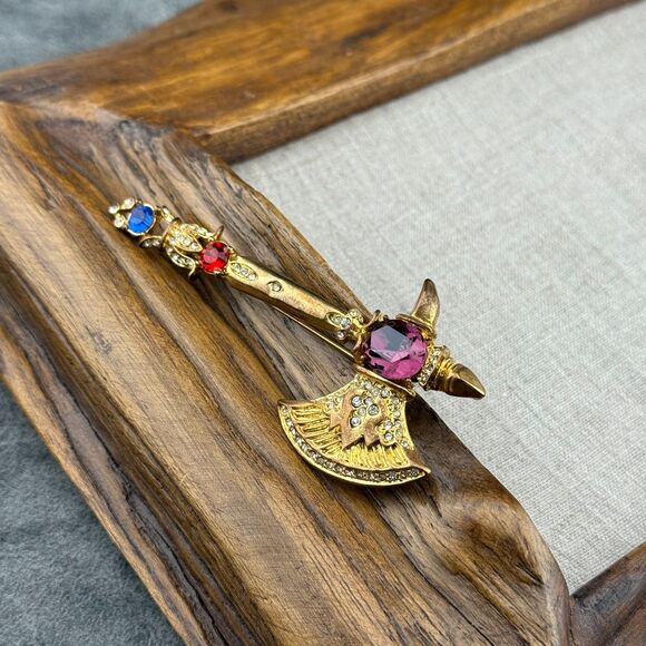 Hatchet Axe Brooch Pendant Vintage Unmarked Gold-tone Metal Rhinestone 3.25" H - Picture 3 of 11